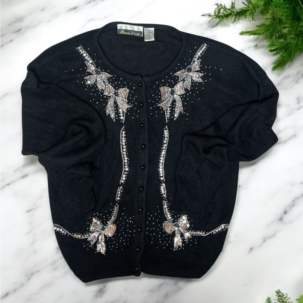 Vintage 90s Dana Scott Angora Lambswool Sequin Bow Beaded Cardigan L
